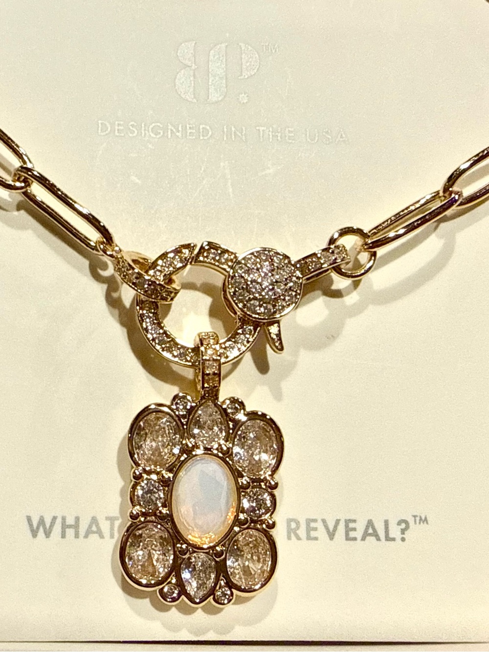 Gold-Tone Opalescent Pendant Necklace with Crystal Halo by BP.